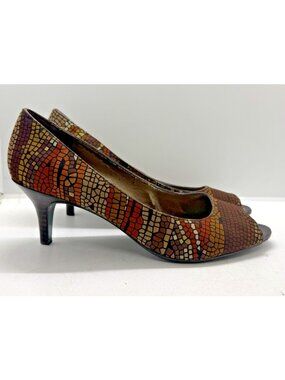 Bandolino Women's Shoes Size US 7.5 Earthy Snakeskin Print Peep Toe Pumps Canvas